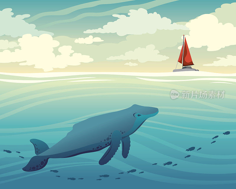 Whale, fish, sea and sailboat, sky, clouds. Nature seascape.